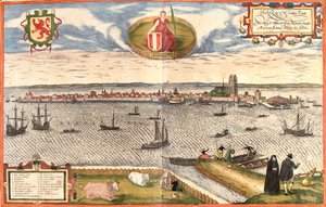Widok Dordrecht (Dordracum), Holandia (akwaforta autorstwa Franz Hogenberg