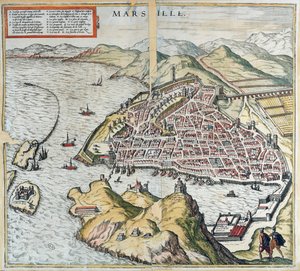 Widok Marsylii w XVI wieku, u dołu po lewej stronie szpital dla trędowatych, z „Le Théâtre du Monde” Georga Brauna, 1599 autorstwa Franz Hogenberg