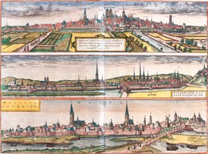 Widok na Munster (Monasterium), Osnabruck (Osnabrugum) i Wesel (Weselia), Niemcy (akwaforta autorstwa Franz Hogenberg