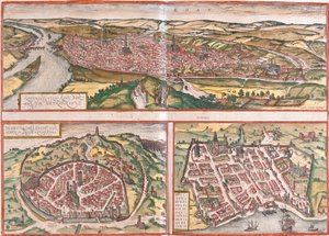 Widok na Rouen (Rotomagus), Nimes (Nemausus) i Bordeaux (Burdigala), Francja (akwaforta). autorstwa Franz Hogenberg