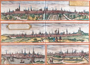 Widoki na Brunszwik (Brusvicum), Lüneburg (Loneburgum), Breme (Brema) i Oldenburg (Aldenburgum), Niemcy (akwaforta autorstwa Franz Hogenberg