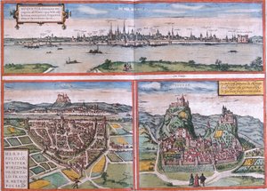 Widoki Moguncji (Moguntia), Würzburga w Niemczech i Sion (Sedunum) w Szwajcarii (akwaforta
