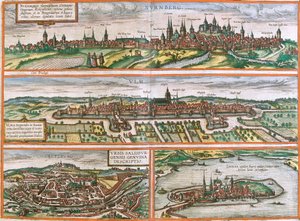 Widoki Norymbergi (Nurnberga), Ulm (Ulma), Lindau (Lindola), Niemiec i Salzburga (Salisburgensis) w Austrii (akwaforta autorstwa Franz Hogenberg