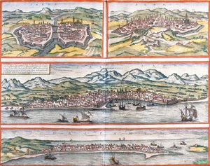 Widoki na Parmę (Parma), Sienę (Sena), Palermo (Panhormus) i Trapani (Drepanum) (Sycylia), Włochy (akwaforta autorstwa Franz Hogenberg