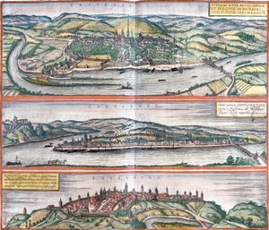 Widoki Treves (Treveris), Koblenz (Coboletz) i Rothenburg (Rotenburgum), Niemcy (akwaforta autorstwa Franz Hogenberg