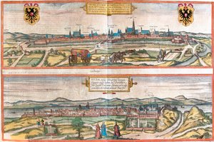 Widoki na Wiedeń (Wiedeń), Austrię i Budapeszt (Buda), Węgry (akwaforta) autorstwa Franz Hogenberg