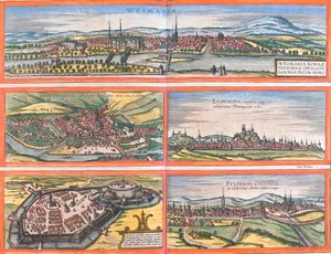 Widoki Weimaru (Weimaria), Iena, Erfurt (Erdfordia), Gotha i Fulde (Fuldensis), Niemcy (akwaforta autorstwa Franz Hogenberg