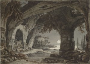 Idealny krajobraz z grotą skalną, grobowcami i ruinami w świetle księżyca 1790.