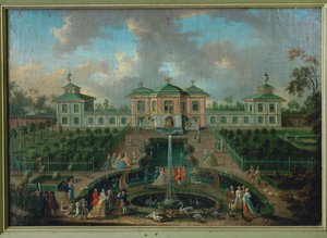 Życie dworskie w parku pałacu Augustusburg wokół Domu Indyjskiego, widok od zachodu ... autorstwa Franz Jakob Rousseau