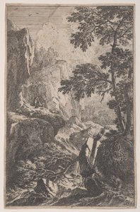 Ilustracja 2: myśliwy celujący z pistoletu, klęczący przy dużym głazie po prawej stronie, ma..., ca. 1700-25.