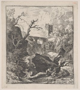 Ilustracja 2: dwie postacie siedzące na pniu drzewa nad brzegiem strumienia na pierwszym planie,..., ca. 1700-25.