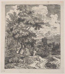Ilustracja 3: pasterz siedzący na wzgórzu, po lewej krowa i dwie owce, miasto w ri..., ok. godz. 1700-25.