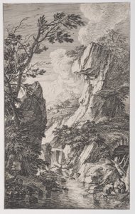 Ilustracja 4: dwóch rybaków na brzegu potoku po prawej, pośrodku wodospad, od..., ok. godz. 1700-25.