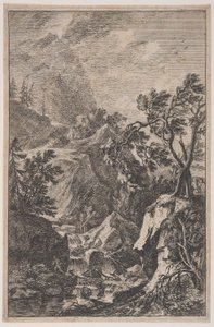 Ilustracja 6: dwie postacie męskie stojące na skale po prawej stronie, pośrodku wodospad z..., ca. 1700-25.