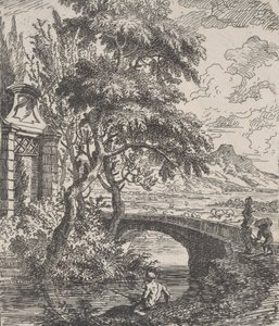 Tablica 7: dwie postacie po prawej, tuż przed przekroczeniem kamiennego mostu, rybak w..., ca. 1700-25.