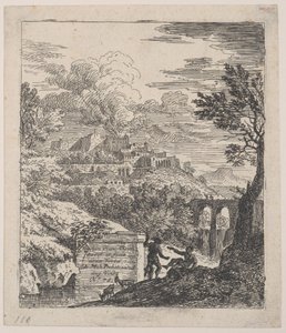 Dwóch pasterzy odpoczywających przy postumencie, w głębi akwedukt,..., ca. 1700-25.