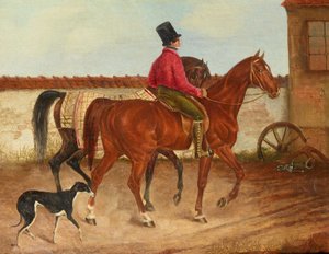 Jeździec prowadzący konia i pies (według Franza Krügera) autorstwa Franz Krüger