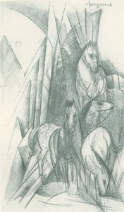 Kompozycja koni i abstrakcyjnych kształtów autorstwa Franz Marc