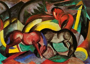 Trzy konie, 1912 (media mieszane na papierze) autorstwa Franz Marc