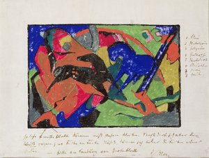 Dwa konie, 1911-12 (ręcznie barwiony nadruk) autorstwa Franz Marc
