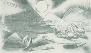 Dziewiczy krajobraz ze słońcem, górami i grupą koni autorstwa Franz Marc