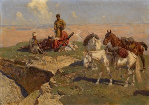 Kaukascy jeźdźcy w spoczynku, 1917 autorstwa Franz Roubaud