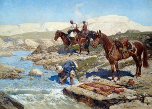 Jeźdźcy czerkiescy przekraczający rzekę autorstwa Franz Roubaud