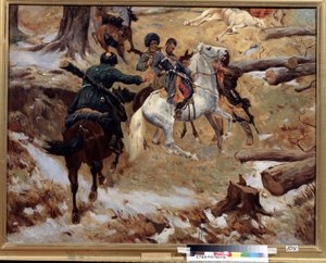 Śmierć dowódcy generalnego Nikołaja Sleptsowa (1815-1851) zabitego przez Czeczenów w walce 10 grudnia 1851 r. podczas wojny kaukaskiej (podboju Kaukazu) w Czeczenii. (Śmierć generała dywizji Nikołaja Slepcowa podczas walki w Czeczenii w dniu autorstwa Franz Roubaud