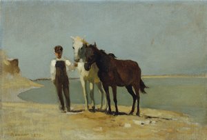 Chłopiec z końmi na plaży autorstwa Franz Rumpler