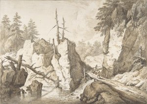 Szwajcarski krajobraz górski z małym mostem nad strumykiem, lata 1751-81. autorstwa Franz Schutz