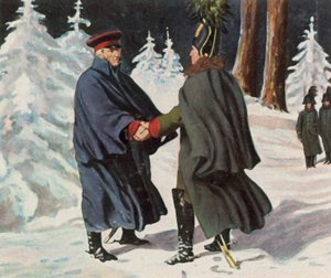Negocjacje między Yorckiem a rosyjskim generałem Diebitschem, 25 grudnia 1812 r. (wzmocniona kolorowa litografia)