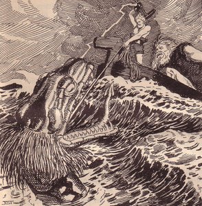 Thor i Hymir Fishing. Ilustracja do Eddy: Germańscy bogowie i bohaterowie autorstwa Hansa von Wolzogen