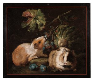 Rzymski panel mikromozaiki przedstawiający dwie świnki morskie jedzące kapustę i winogrona, 1800-25 autorstwa Franz Werner von Tamm