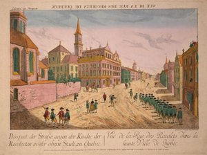 Vue de la Rue des Récollets de Quebec, opublikowany ok. 1770 (ręcznie kolorowane grawerowanie)