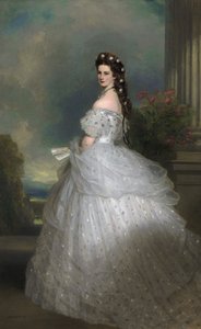 Portugalski: Cesarzowa Elżbieta Austriacka: Jej włosy zdobią gwiazdy z białego złota wysadzane diamentami. Cesarzowa Elżbieta Austriacka w dworskiej sukni galowej z diamentowymi gwiazdami autorstwa Franz Xaver Winterhalter