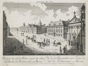 Vue d’Optique/Prospect des grossen Plazes gegen der Alten Sud Kirche der Presbiterianer zu Boston (Widok optyczny/widok na duże kwadraty w kierunku kościoła Old South Presbyterian Church w Bostonie), c. 1776 (akwaforta i grawer, bezbarwna na papierze wykła