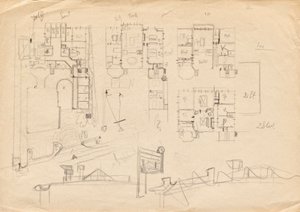 Szkice projektowe dla Willi Matcha Atelier - rzuty pięter i konstrukcja dachu autorstwa Franz von Matsch