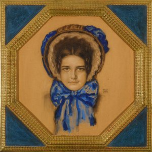 Marie avec un chapeau (typ capot) - Córka Maria z czepcem Poke - Franz-Ritter (Franz Ritter) von Stuck (1863-1928). Gwasz, pastel i węgiel na kartonie Wymiar : 55x49,3 cm Kolekcja prywatna autorstwa Franz von Stuck