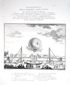 Pierwszy załogowy lot balonem na ogrzane powietrze we Włoszech wykonany przez Paolo Andreani (1763-1823) 1784, ryty przez Girolamo Mantelli, opublikowany 1785 (rycina) (patrz także 206819) autorstwa Fratelli Gerli (after)