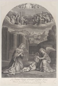 Matka Boska adorująca Dzieciątko Jezus, anioł trzymający po prawej koronę cierniową,..., ok. godz. 1729. autorstwa Frédéric Horthemels