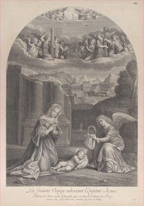 Matka Boska adorująca Dzieciątko Jezus, anioł trzymający po prawej koronę cierniową,..., ok. godz. 1729. autorstwa Frédéric Horthemels