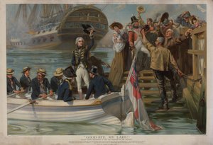 Nelson opuszcza Portsmouth, aby popłynąć do Trafalgar na „Victory” (chromolitho)