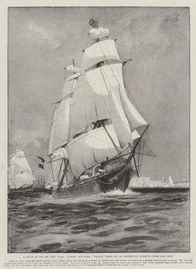 Dotyk starego morskiego życia, HMS Active i HMS Volage wypływają z Portsmouth tylko pod żaglami autorstwa Fred T. Jane