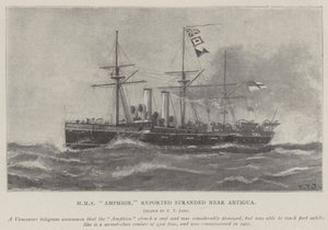 HMS Amphion, zgłoszony na mieliźnie w pobliżu Antigua autorstwa Fred T. Jane