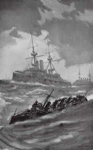 HMS Mars, Terrible i Dragon podczas rejsu w kanale La Manche (litografia) autorstwa Fred T. Jane
