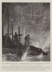Wąska ucieczka łodzi podwodnej przed ogniem w porcie Portsmouth autorstwa Fred T. Jane