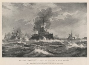 Manewry morskie, flota X u wybrzeży Guernsey w trudnych warunkach pogodowych autorstwa Fred T. Jane