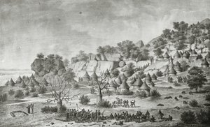 Widok wioski na północ od Agady na ziemiach ludu Bertat, z perspektywy południowej, z "Voyage a Meroe: au fleuve Blanc, au-dela de Fazoqldans le midi du royaume de Snnar a Syouah", druk wykonany przez G. Engelmanna, opublikowany w 1827 r. (litografia)