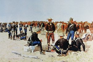 Śniadanie kawalerzystów na równinach, z obrazu olejnego ok. 1890 r. (kolor lito)