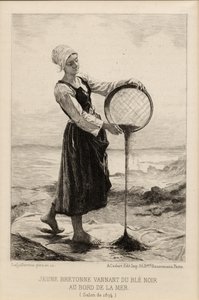 Młoda Bretońka siejąca grykę nad morzem, wyryta przez Cadarta w 1874 r. (grafika)